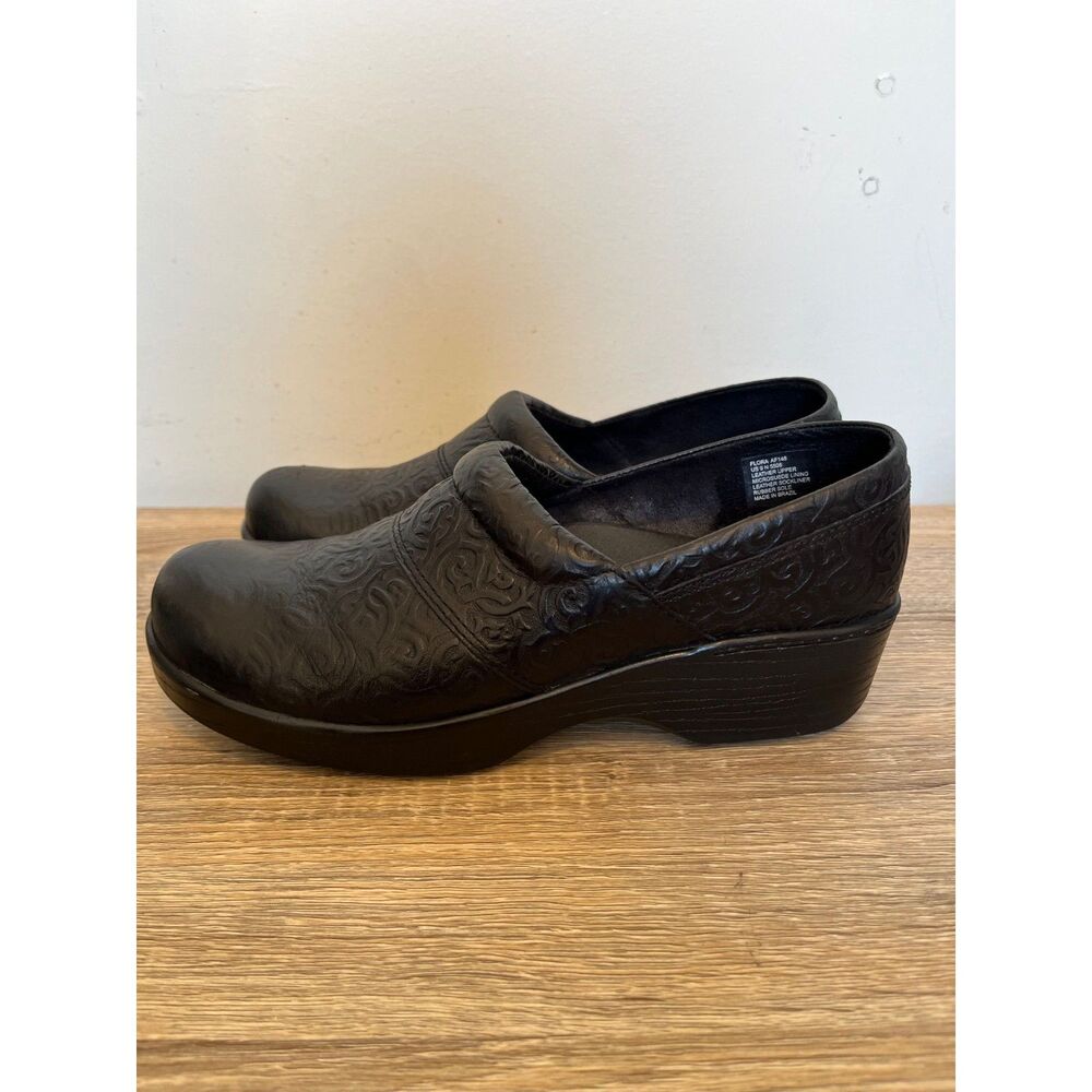Abeo Bio System Womens Size 9 Shoes Black‎ Leather Floral Print Nursing Clogs - Picture 4 of 8
